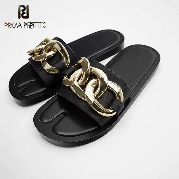 

prova perfetto 2021 women slippers metal chain decorated round toe flat sandals ra split outdoor leisure tenis feminino, Black
