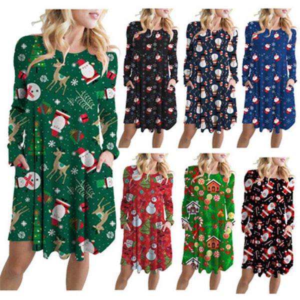 

casual dresses autumn winter woman christmas party cartoons snowman printed sweet a-line dress long sleeve loose vestidos, Black;gray