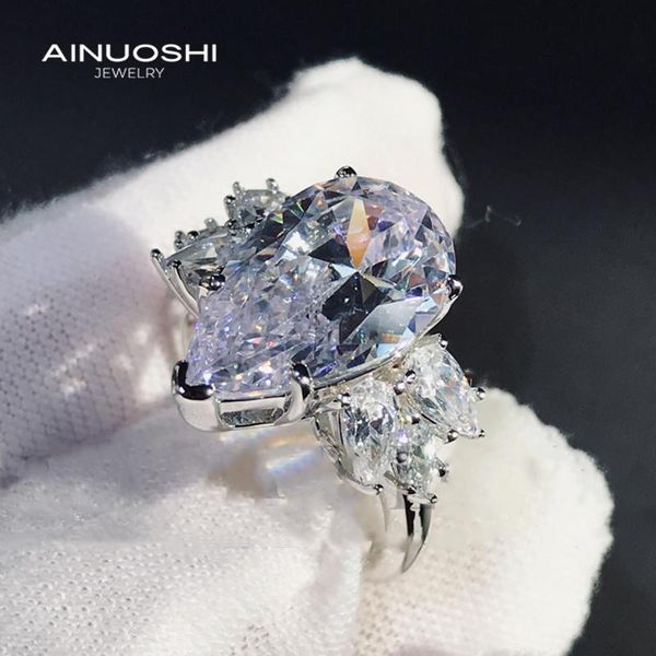 

cluster rings ainuoshi 925 sterling silver luxury 9x15mm pear-shaped simulated sona diamond wedding engagement unique gifts for women, Golden;silver
