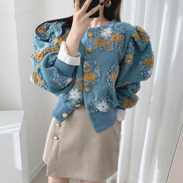 

autumn winter woman jacket korean chic 3d flower plush appliques vintage jackets for women lantern sleeve o-neck coats women's, Black;brown