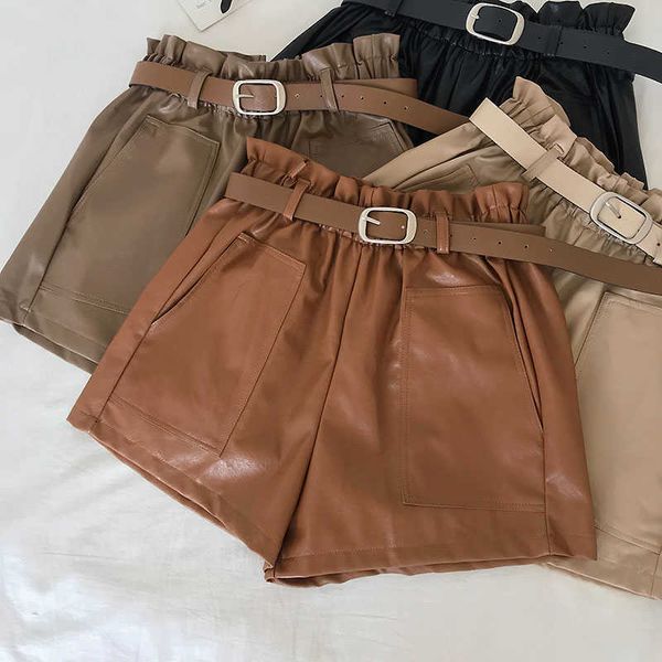 

high waist pu leather short cool punk sashes vintage casual loose elastic autumn winter ladies 210601, White;black