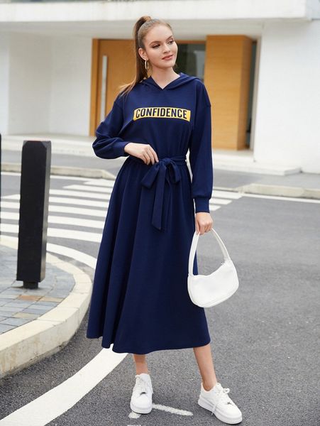 

1pc letter graphic drop shoulder belted hoodie dress f1js#, White;black