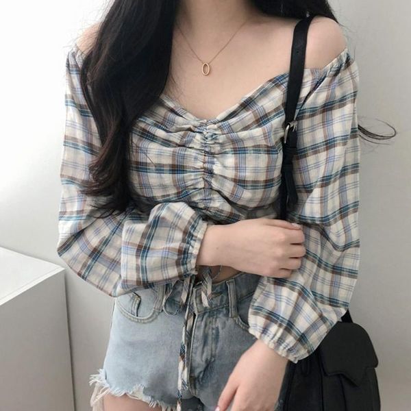 

women's blouses & shirts 2021 women long sleeve v-neck drawstring harajuku short shirt fashion autumn plaid, White