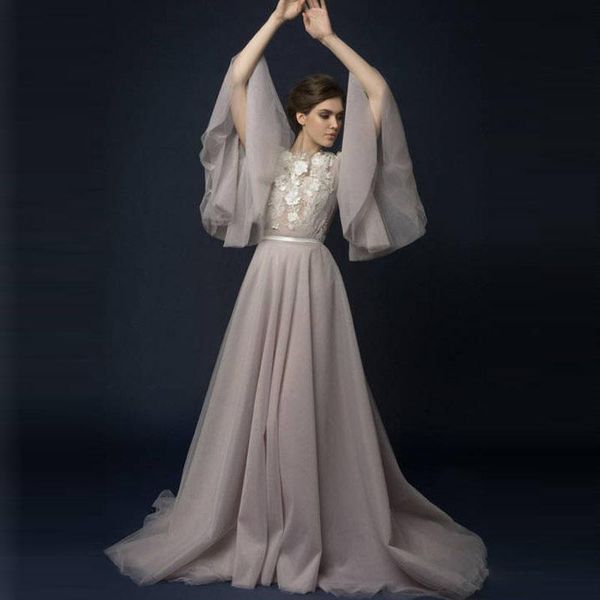 

casual dresses dusty pink elegant tulle prom gowns long flare sleeve illusion appliques bride dress 2021 arrivals party wear formal, Black;gray