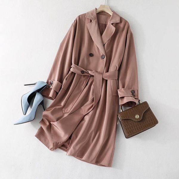 

women trench coat fashion casual suit collar double breasted belt waist length medium long sleeve cardigan cuff with loop women's coats, Tan;black
