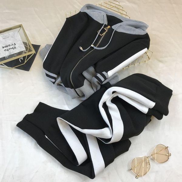 

women's two piece pants casual hooded knitted two-piece suit women autumn outdoor sports stretch knit tracksuit zipper patchwork jacket, White