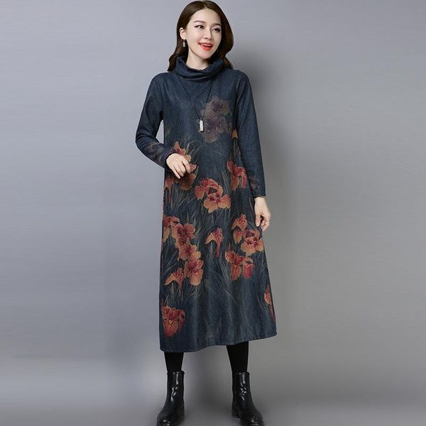 

autumn fashion loose retro print high neck long sleeve dress female large size -2xl quality and elegant vestidos casual dresses, Black;gray