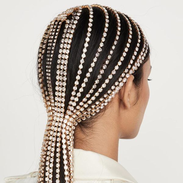 

hair clips & barrettes fashion bridal headband rhinestone long tassel lolita chain accessories women crystal multi strand head jewelry, Golden;silver
