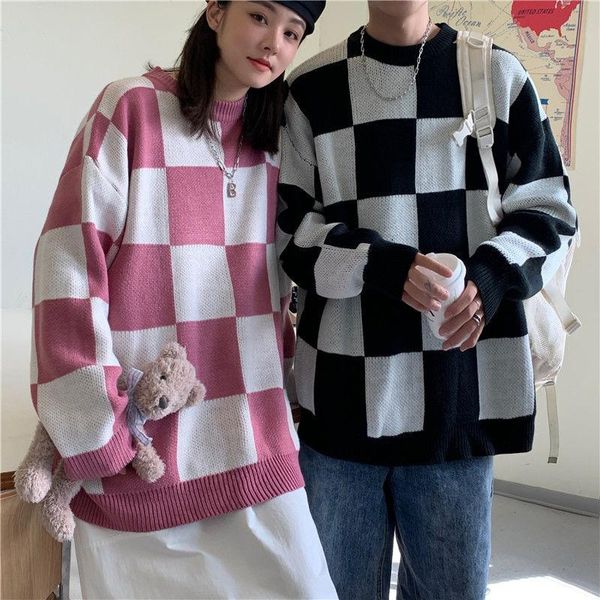 

men's sweaters autumn winter plaid sweater men warm fashion casual knitted pullover korean loose long-sleeved mens jumper clothes, White;black