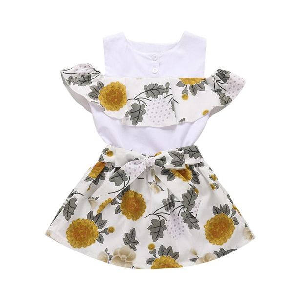 

clothing sets summer toddler kids baby girl clothes floral ruffled sleeveless off shoulder t-shirt bowknot dress outfits, White