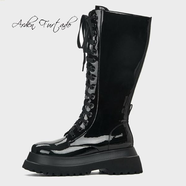 

boots arden furtado fashion women's shoes winter round toe matin genuine leather cross tied flat platform knee high, Black