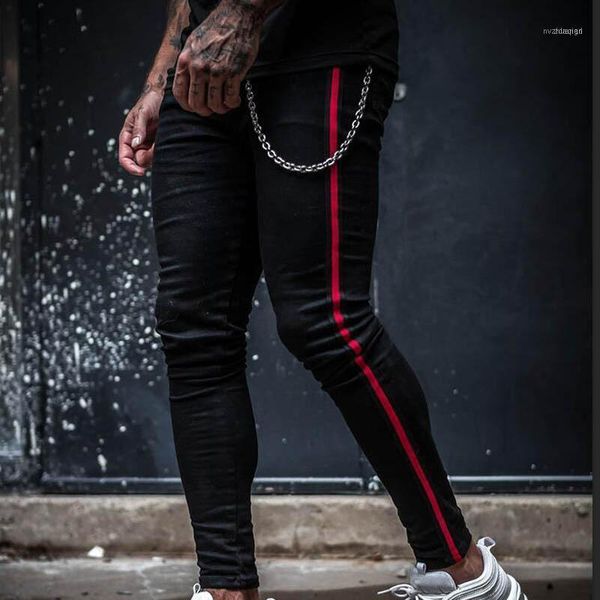 

men's jeans skinny men fashion side stripe slim fit solid denim pencil pants casual stretch mid waist black pantalon homme1, Blue