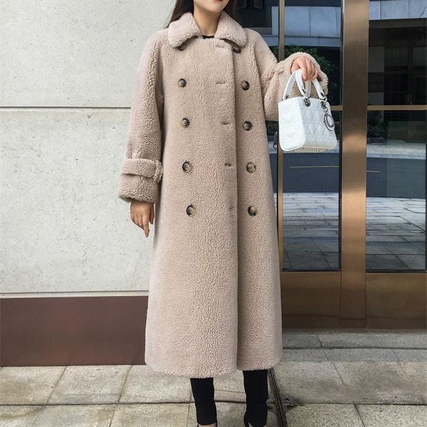 

women's fur & faux fall winter women wool coat button warm jacket pocket sheep shearing girl coats lady long overcoat sy12, Black