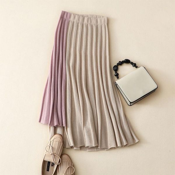 

skirts 2021 autumn winter women skirt knitting 100% cashmere pleated elastic ladies high waist casual patchwork womens, Black