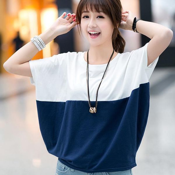 

vintage summer short sleeve pactchwork women t shirts color plus size cotton batwing ropa mujer solid wbx5849, White