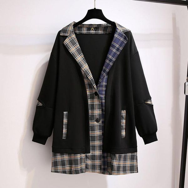 

women's jackets 150kg plus size autumn plaid jacket bust 155cm 6xl 7xl 8xl 9xl 10xl loose long-sleeved fake two-piece casual, Black;brown