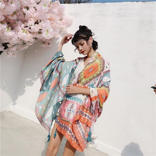 

scarves national style cotton scarf flying arrow geometric printing sunshade silk beach towel women's sunscreen shawl, Blue;gray
