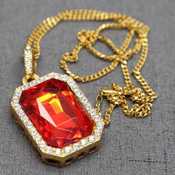 

pendant necklaces octagonal square red rhinestones stars celebrity style hip-hop street dance necklace for men collana da uomo, Silver