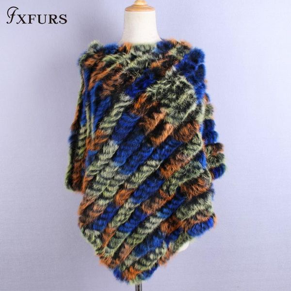 

scarves fxfurs 2021 real knitted fur shawl poncho stole shrug cape robe tippet genuine wrap colorful sweater with, Blue;gray