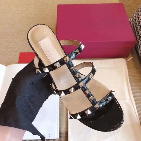 

summer v home rivets fashion women's sandals rivet thick high heels open toe women slippers, Black