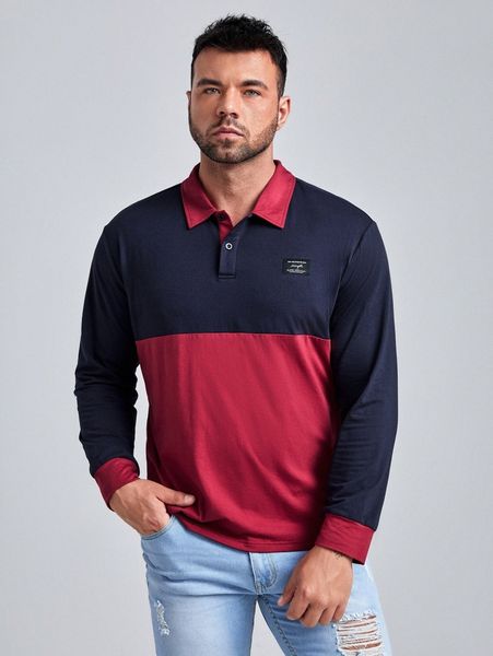 

extended sizes men colorblock letter patched polo shirt 6670#, White;black