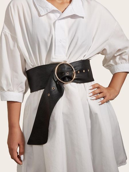 

belts 2021 ladies fashion pin alloy round buckle pu leather black wide belt, Black;brown