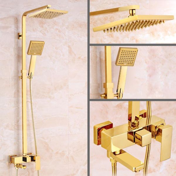 

onyzpily golden luxury bath shower mixers 8" rainfall faucet set one handle wall mounted with hand multifunction bathroom sets