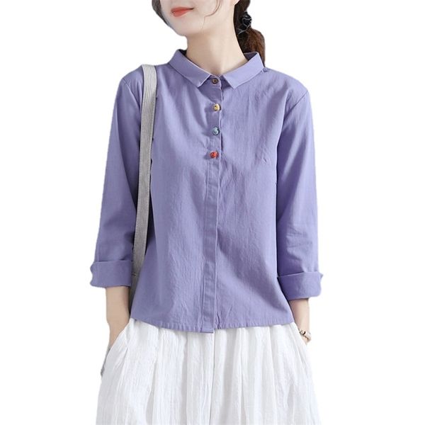 Белая рубашка кнопки для женской одежды Китай Винтажный с длинным рукавом Trun-down воротник о воротнике летние хлопчатобумажные подростки Свободные Hanfu 210604