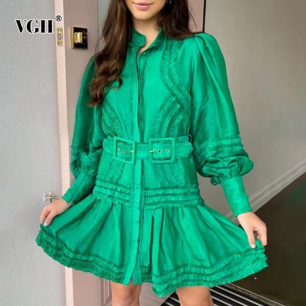 

casual dresses vgh green patchwork ruffle sashes slim mini dress female lapel lantern long seeve high waist solid for women 2021, Black;gray