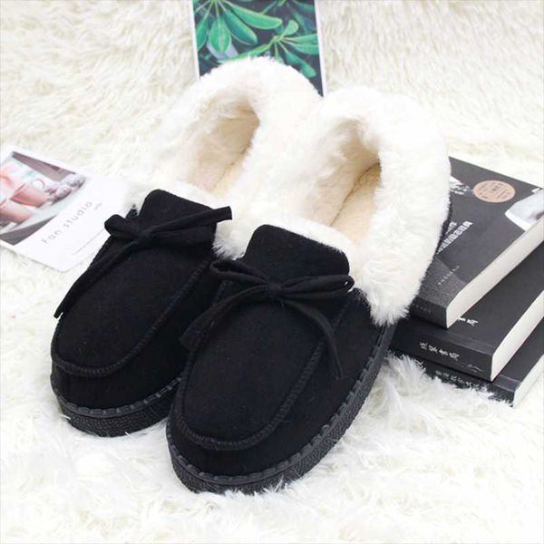 

slippers women winter shoes flats home bowtie plush inside ladies comfort loafers female indoor pantuflas slip on 2021 fashion, Black