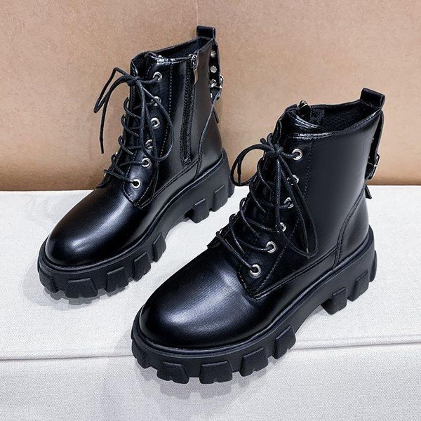 

boots women ankle 2021 autumn winter black leather warm motocycle no slip lace up boot lady waterproof platform high heel shoes