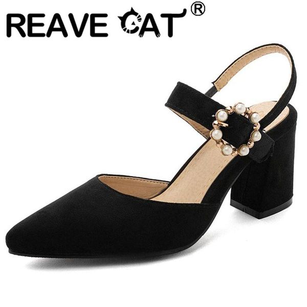

ladies summer concise heeled sandals pointed toe 7.5cm hoof heels buckle pearl plus size 32-48 casual party b1986, Black