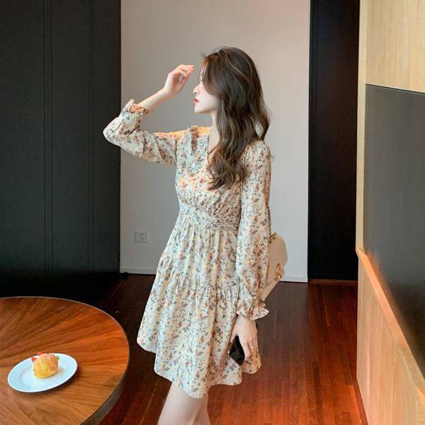

casual dresses coigarsam women long dress autumn 2022 floral print high waist v-neck apricot robe vestidos, Black;gray