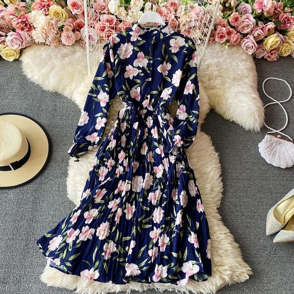 

fashion broken flowers ladies vintage robe long sleeve slim a-line dresses 2021 spring women chiffon pleated dress casual, Black;gray