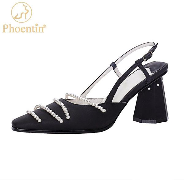 

phoentin ladies genuine leather slingbacks pumps elegant pearl sandals 2021 spring summer woman high heels shoes 34-42 ft1507 dress, Black