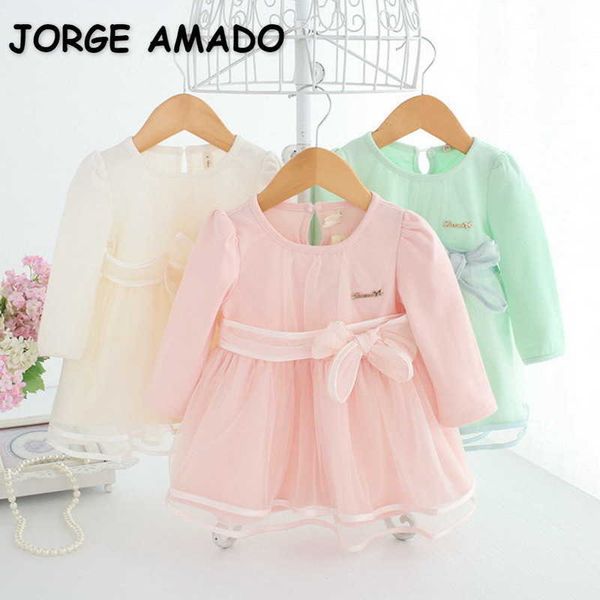 

spring baby girls dress long sleeves candy color with sashes outfits suit born dresses children clothes e1003 210610, Red;yellow