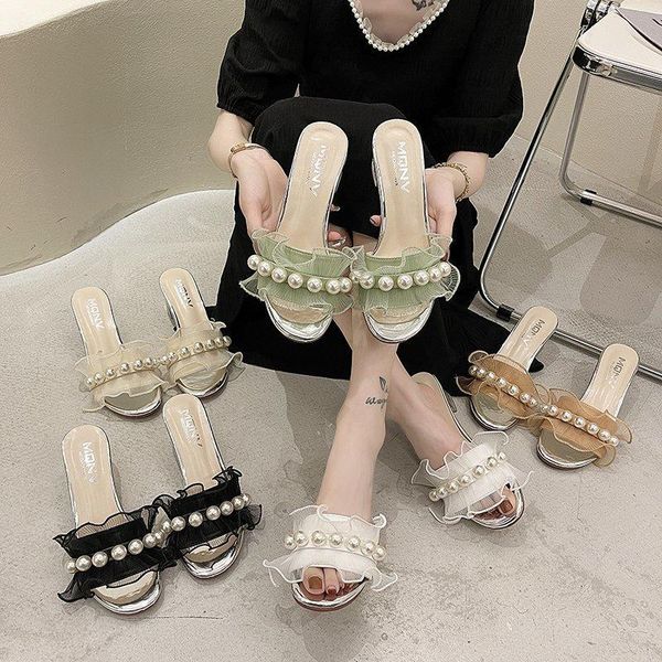 

slippers high heels pearls dress shoes cute clear transparent heeled lace slides string bead ladies zapatos mujer 9146n, Black