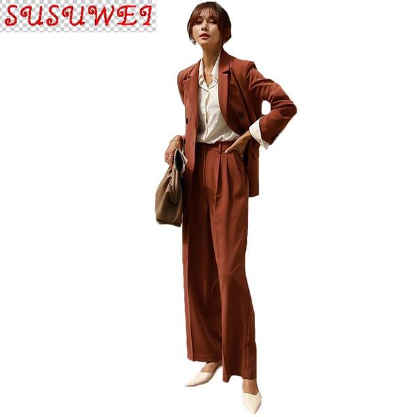 

autumn and winter women's office suit pants two-piece temperament double breasted ladies jacket casual high waist wide leg two piece, White