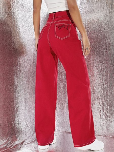 

fire embroidery high waist straight jeans 56l4#, Blue