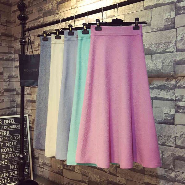 

casual dresses autumn winter korean-style high-waist long knitted skirt a- line wool blend maxi knit skirts red green khaki 3han, Black;gray