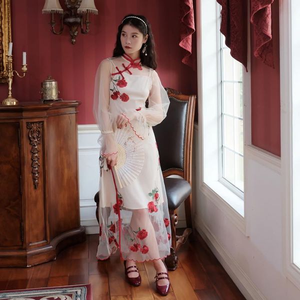 

casual dresses fashion heavy industry rose embroidery two-piece dress, Black;gray