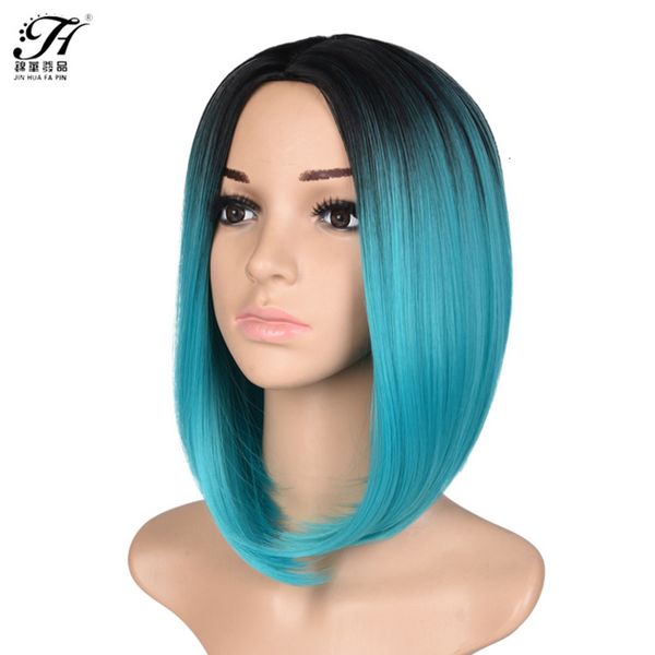 

cos bobo short hair wig black green medium gradual change head cover