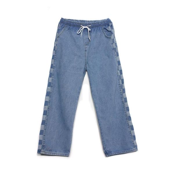 

jeans women fashion side plaid stitching vintage washed loose high waist wide leg pants casual man cotton women's, Blue