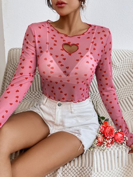 

allover heart print cut out lettuce trim crop mesh p0rp#, White