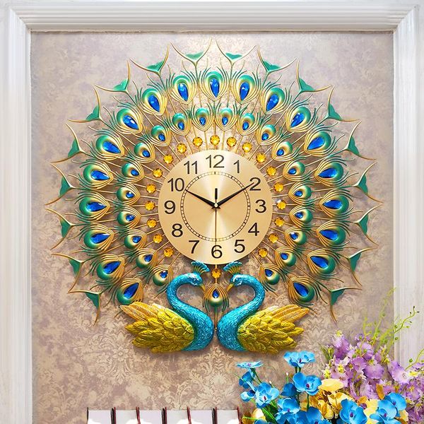 

wall clocks 3d double peacock cock home and office silent watch modern design living room bedroom digital clock creative klok