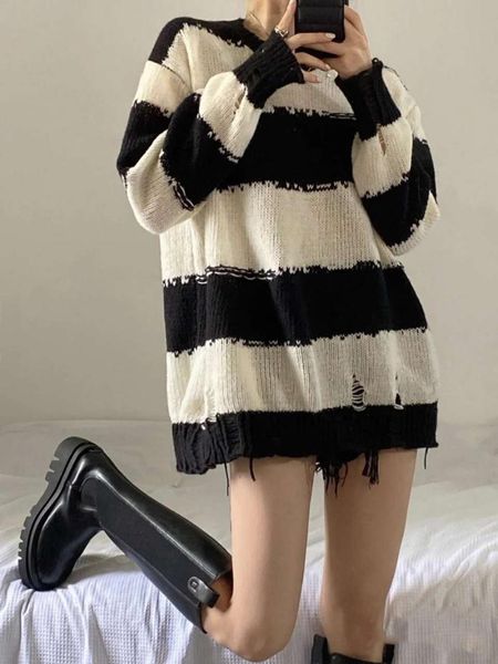 

women's sweaters shirts for women striped sweater early autumn 2021 chic lazy style loose outer wear long sleeve knit top, White;black