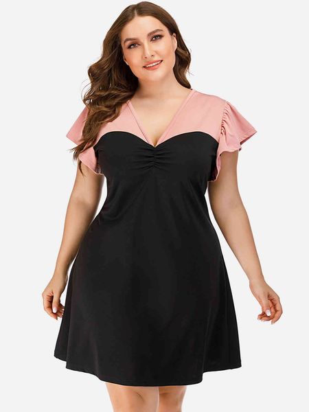 

plus size dresses hy863006# loose large waist splicing short sleeve bla