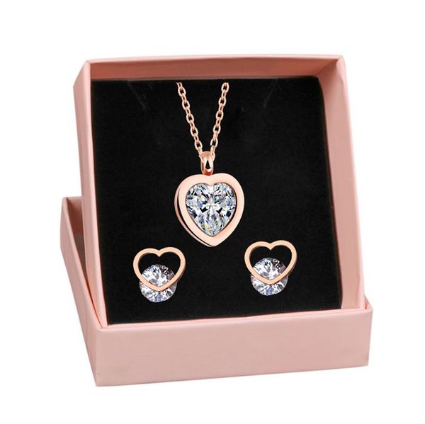 

earrings & necklace rose gold titanium steel inlaid zircon heart pendant earring set crystal wedding jewelry gift box, Silver