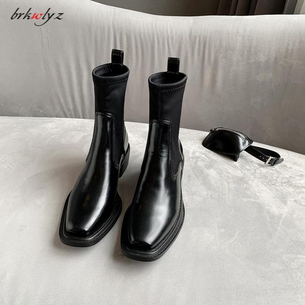 

boots 2021 square head thick heel handsome leather single shoes women cool spring summer fashion, Black