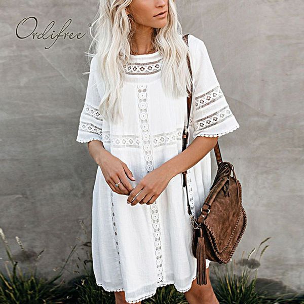 Mulheres Mulheres Branco Lace Beach Manga Curta Solta Vestido de Deslocamento Casual 210415